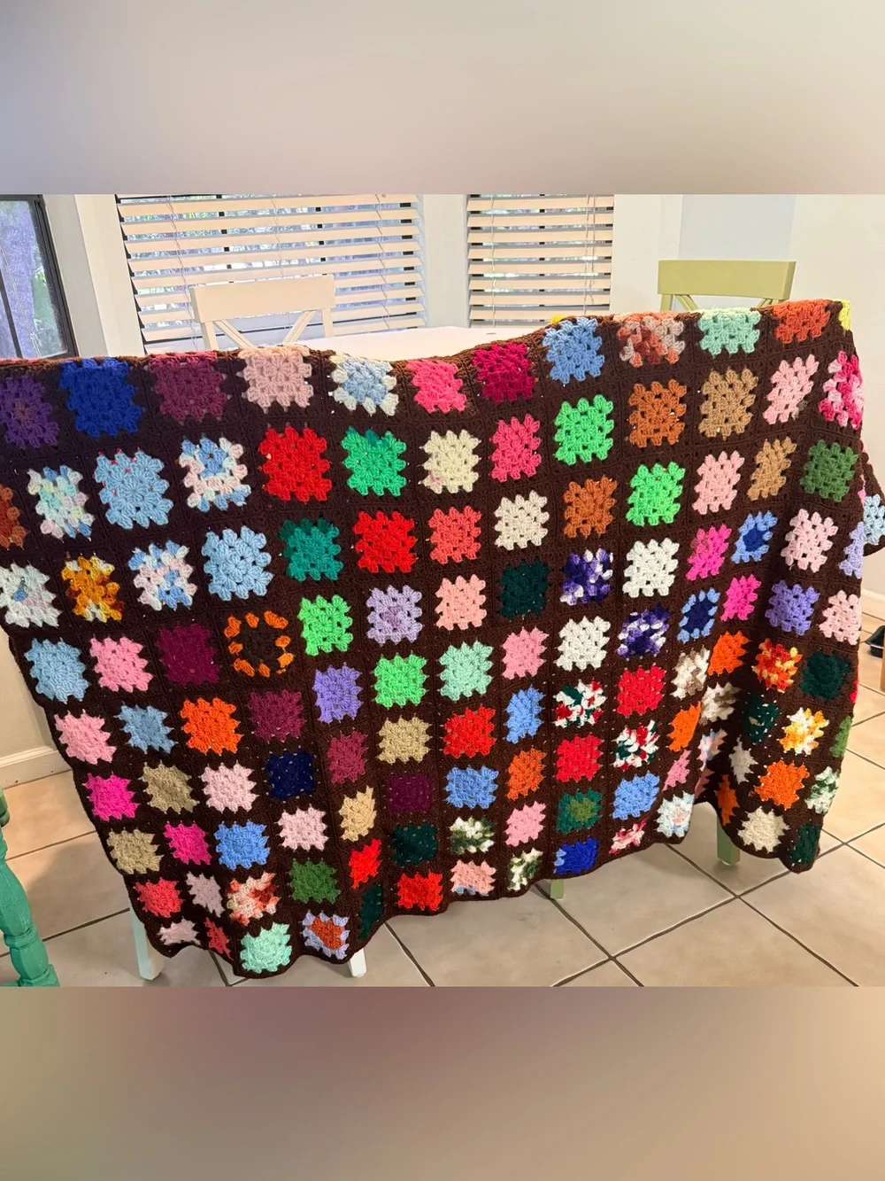 Awesome large multi color hand crocheted blanket or spread 5.3' X 6.4'